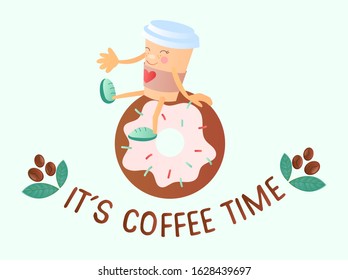 It's coffee time concept vector illustration. A cup of coffee sits on a donut. A fun break for coffee. Tasty breakfast.