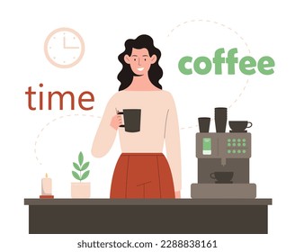 El concepto de tiempo del café. Mujer con taza de bebida caliente en el lugar de trabajo cerca de la cafetera. Descanso de almuerzo en el trabajo. Bebida aromática refrescante.