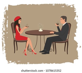 Coffee time concept. A young man and a girl in red are sitting at a table and drinking coffee. Romantic date. Vector illustration.