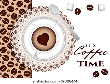 It's coffee time conceptual card. Coffee cup with little details on table with lace. Top view. Design card, poster in retro style for coffee break, shop or cafe. Vector illustration