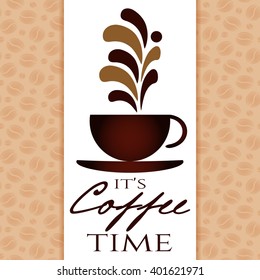 It's coffee time conceptual card. Coffee cup with ornamental splashes on white. Design card, poster in retro style for coffee break, shop or cafe. Vector illustration