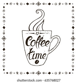 It's coffee time conceptual card. Design card, poster in retro style for coffee break, shop or cafe. Vector illustration