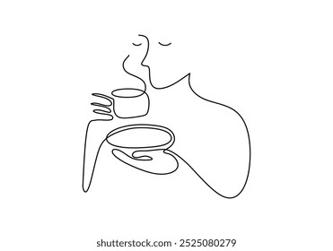 Coffee time in continuous one line drawing. People drinking a cup of hot coffee. Relax and drink concept. Vector illustration minimalist background.