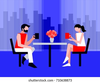 Coffee time for couple in love. Man and woman sitting at the table, drinking coffee. Vector illustration