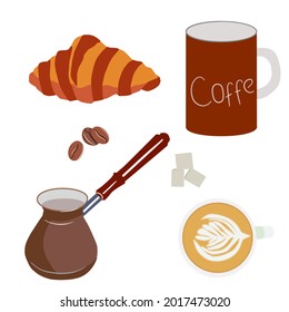 coffee time. a croissant of turk coffee beans and a cup. morning breakfast. waking up in the morning