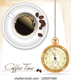 Coffee time. Coffee cup, coffee beans and old watch