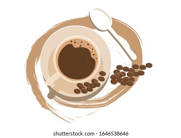  Hora del café. Una taza de café y granos de café con fondo blanco