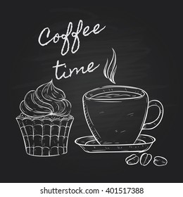 Coffee Time With Cup Cake on Black Board Background