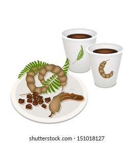 Coffee Time, A Cup of Hot Coffee with Fresh Brown Ripening Pods of Sweet Tamarind, Green Leaves and Seed Isolated On White Background 