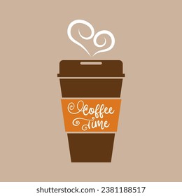 Coffee time cup. Isolated vector logo or illustration mug  with black coffee and  on white background.Concept banner, phrase about Coffee. Design template. 