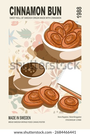 Coffee Time. Cup of Coffee and Kanelbulle. Concept of a Cozy Coffee Time. Scandinavian. Top view. Vector Illustration.