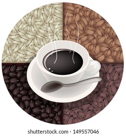 Coffee Time, A Cup of Coffee on Beautiful Roasted Coffee Beans Background 