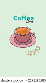 Kaffeezeit, eine Tasse Kaffee in einem violettem Schleig für ein Cafeteria- oder Cafe-Cover-Design