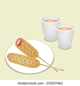 Coffee Time, A Cup of Takeaway Coffee in Disposable Cup Served With Golden Brown Homemade Corn Dogs or Hot Dog Waffles on A Stick 