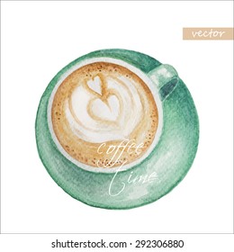 Coffee Time, Cup of Coffee Top View , Vector Watercolor Illustration.