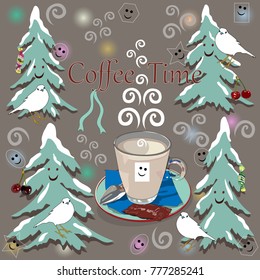 Coffee Time. A cup of coffee, winter, Christmas trees, snow, birds and smile icons. Vector 10.