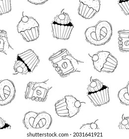 coffee time with cupcake in seamless pattern. Hand draw food pattern