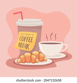 coffee time cups and croissant cartoon