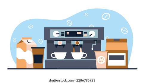 Café, tazas, cafetera y granos de café, crema. Beber cafeína caliente en tazas de cerámica. Fabricante automático de espresso, cafetera utensilios de cocina caricatura concepto vectorial aislado de estilo plano