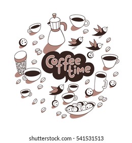 Coffee time. Cups and mugs, cute birds, coffee maker, cookies, coffee beans, speech bubble arranged in circle. Vector set of graphic elements. Cartoon hand drawn style. Perfect for coffee shop design.