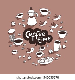 Coffee time. Cups and mugs, cute birds, coffee maker, cookies, coffee beans, speech bubble arranged in circle. Vector set of graphic elements. Cartoon hand drawn style. Perfect for coffee shop design.