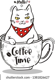Coffee time. Cute cat illustration for t-shirt or other uses,in vector