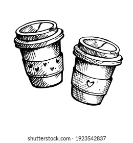 Coffee time. Cute coffe takeaway cup with hearts. Hand draw doodle illustration. Spring mood.Vector