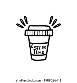 Coffee time. Cute coffe takeaway cup. Hand draw doodle illustration. Spring mood.