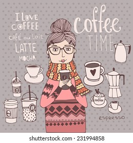 Coffee time with cute girl, seamless background 