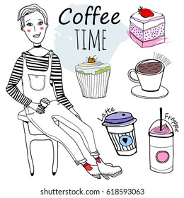 Coffee time. Cute hipster girl with coffees. Vector illustration