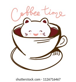 Coffee time. Cute Kawai cat in cup of froth art coffee, isolated on white background. Latte Art 3D. milk foam top on the cup of hot chocolate. Doodle sketch. Vector
