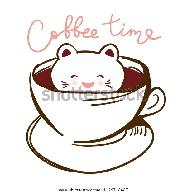 Coffee Time Cute Kawai Cat Cup Stock Vector (Royalty Free) 1126716467