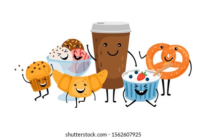 Coffee time. Cute morning drink and desserts. Isolated take away coffee, muffin and ice cream vector characters