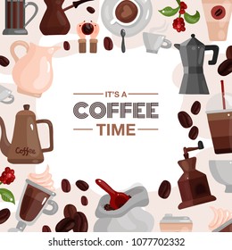 Coffee time decorative frame composed of coffee pot cezve coffee grinder devices flat vector illustration  