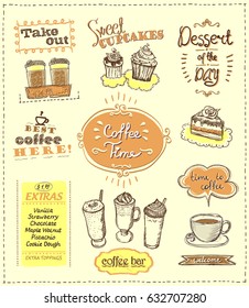 Coffee time designs set for cafe or restaurant. Best coffee, desserts, extras, take out concepts collection, vector sketch illustration