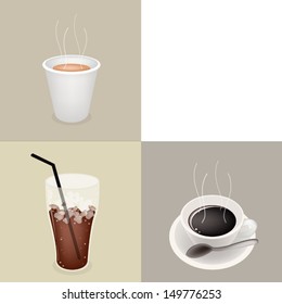 Coffee Time, Different Types of Coffee in A Disposable Cup, Hot Coffee and Iced Coffee on Retro Light Brown Background with White Copy Space for Text Decorated  