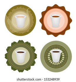 Coffee Time, Different Types of Coffee in A Disposable Cup on Round Retro Labels 