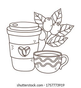 coffee time, disposable and ceramic cups seeds leaves fresh aroma beverage vector illustration linear design