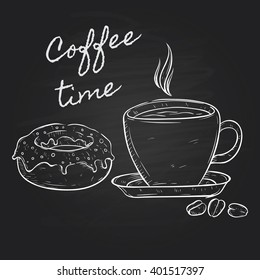 Coffee Time With Donut on Chalk or Black Board Background