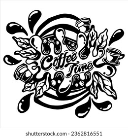 coffee time doodle art typography, leaves background, coffee cup,, isolated on white background