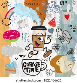 Coffee time doodle drawing collection.Hand drawn vector doodle illustrations in colorful cartoon style.