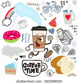 Coffee time doodle drawing collection.Hand drawn vector doodle illustrations in colorful cartoon style.