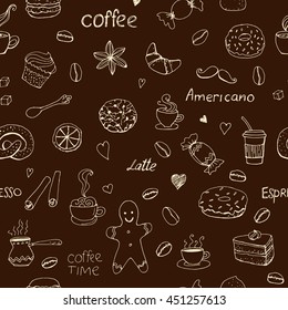 Coffee time, doodle drawing, seamless pattern dark background