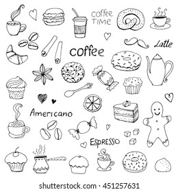 Coffee time, doodle drawing, vector characters collection elements