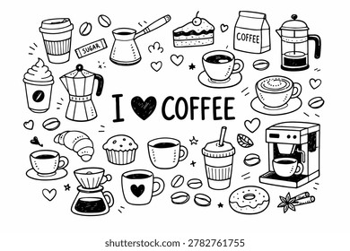 coffee time doodle illustration in black and white hand drawn outline style with coffee beans, cup, moka pot and cafe elements