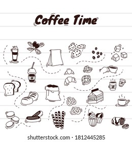 Elementos de ilustración del doodle de tiempo de café con color blanco y negro en el fondo del papel, vector.