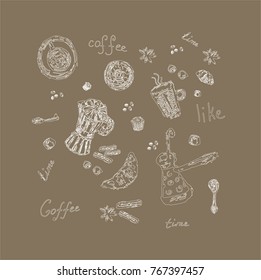 Coffee time doodle set chalk drawing on brown background. Hand drawn pattern coffee elements in editable stroke: Geyser maker, croissants, hot cups of coffee, Turkish coffee, donut, chocolate,cupcake