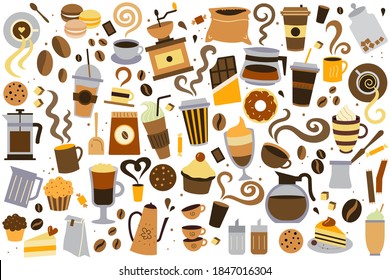 Coffee time doodle set. Collection of different sorts of liquid drinks hot beverages with caffeine mocha latte cappuccino espresso cups isolated on white cartoon vector illustration.