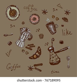 Coffee time doodle set on brown background. Hand drawn Geyser coffee maker, croissants, hot cups of coffee, Turkish coffee, donut, chocolate, spoons, coffee beans, nuts, cinnamon sticks, star anise.