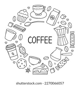 Coffee time doodle set. Teapots, cups, turk and sweets in sketch style.  Vector illustration isolated on white background.